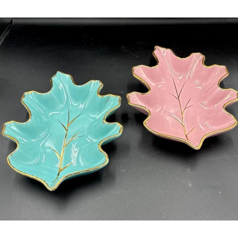 CA Pottery Leaf Dish Set 2  Pink &Turquoise Blue Gold Trim USA VTG  #632 MCM 10